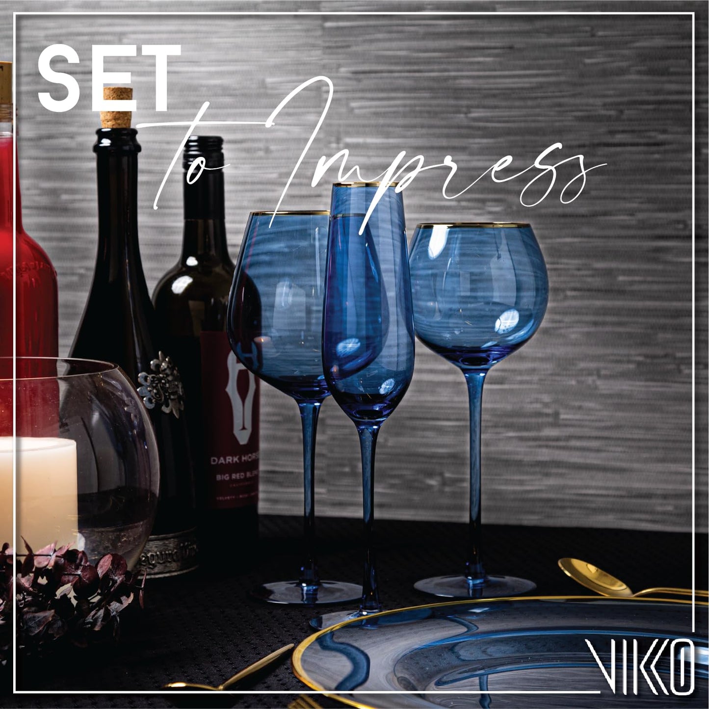Vikko Champagne Flutes, 8.5 Ounce Toasting Champagne Flute, Blue with Gold Rim Crystal Clear Champagne Glasses, Set of 2 Elegant Sparkling Wine Glasses