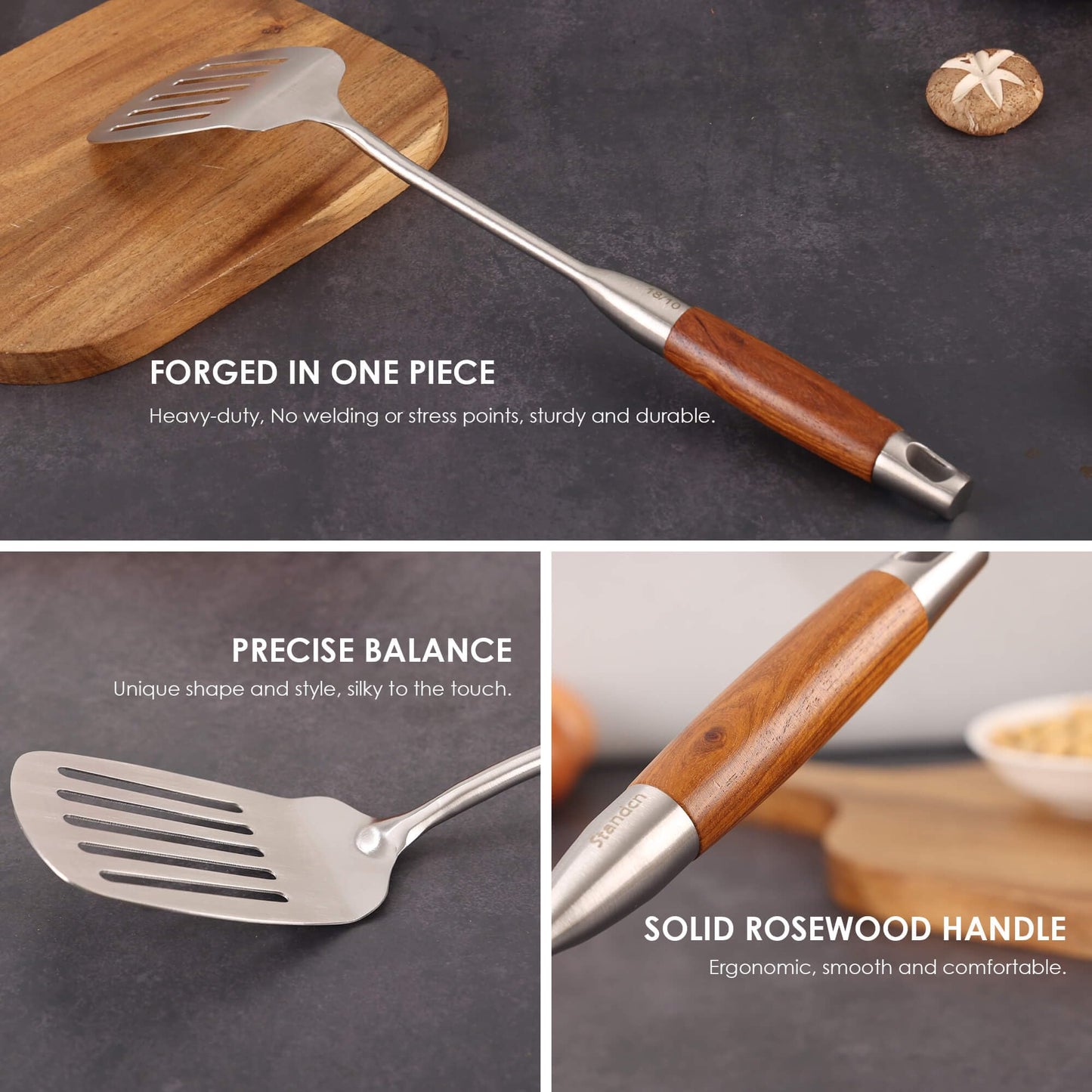 18/10 Stainless Steel Kitchen Utensils Set with Wood Handle - 15” Metal Cooking Tools and Serving Utensil, 8-Pieces Cooking Spoons Set - Spatula, Ladle, Skimmer, Turner, Pasta, Solid Spoon, Slotted Spoon