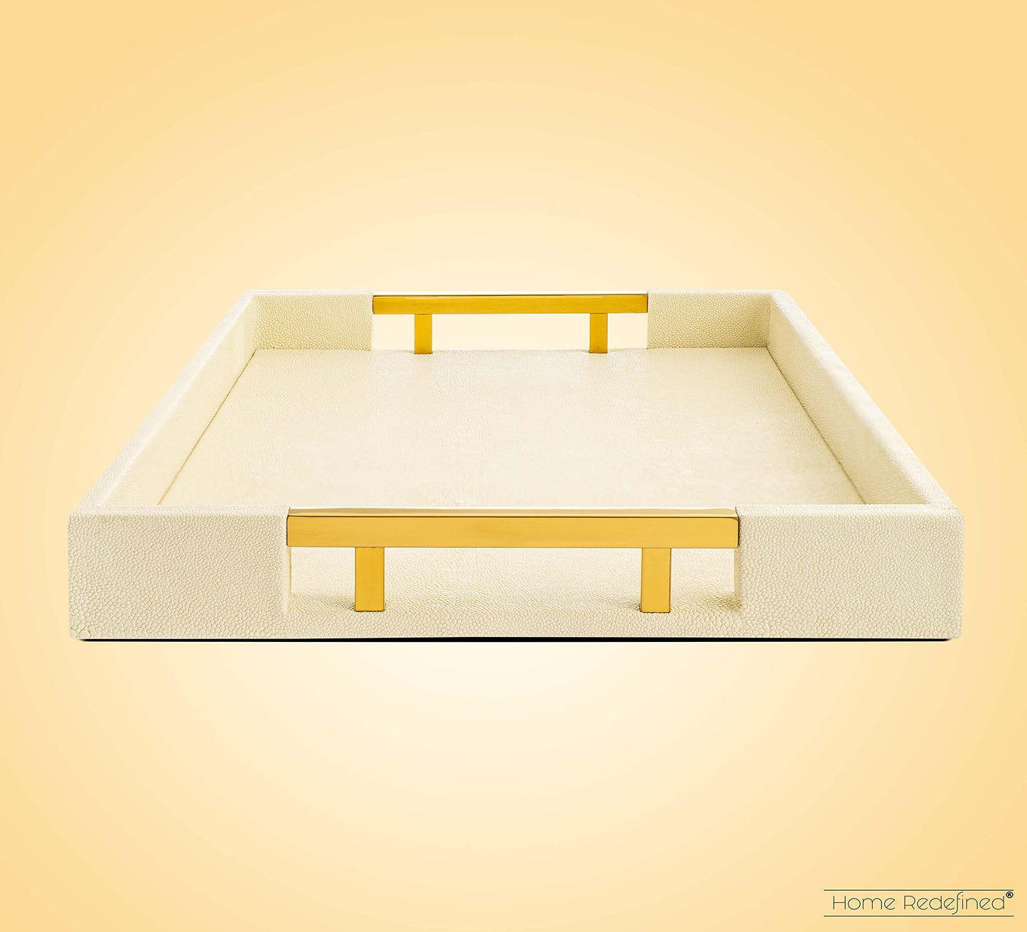 Modern Elegant 18”x12” Rectangle Cream Rectangle Shagreen Faux Leather Decorative Tray Ottoman Tray Coffee Table Perfume Living Room Kitchen Serving Tray with Gold Polished Metal Handles.
