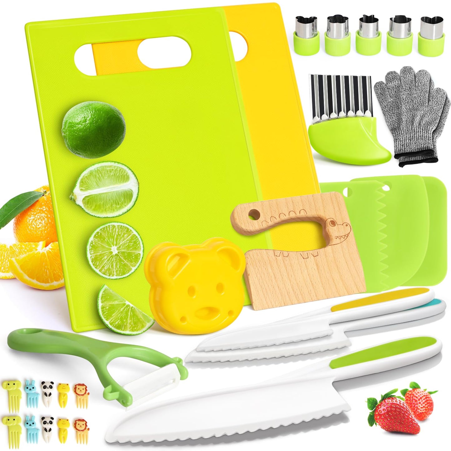 28-Piece Toddler Knife Set - Kids’ Knives for Real Cooking, Montessori Kids Kitchen Knife Set with Cutting Board Crinkle Cutters Kid Safe Knives, Toddlers Kitchen Tools for Age 2-10 Year Old Girl Boy