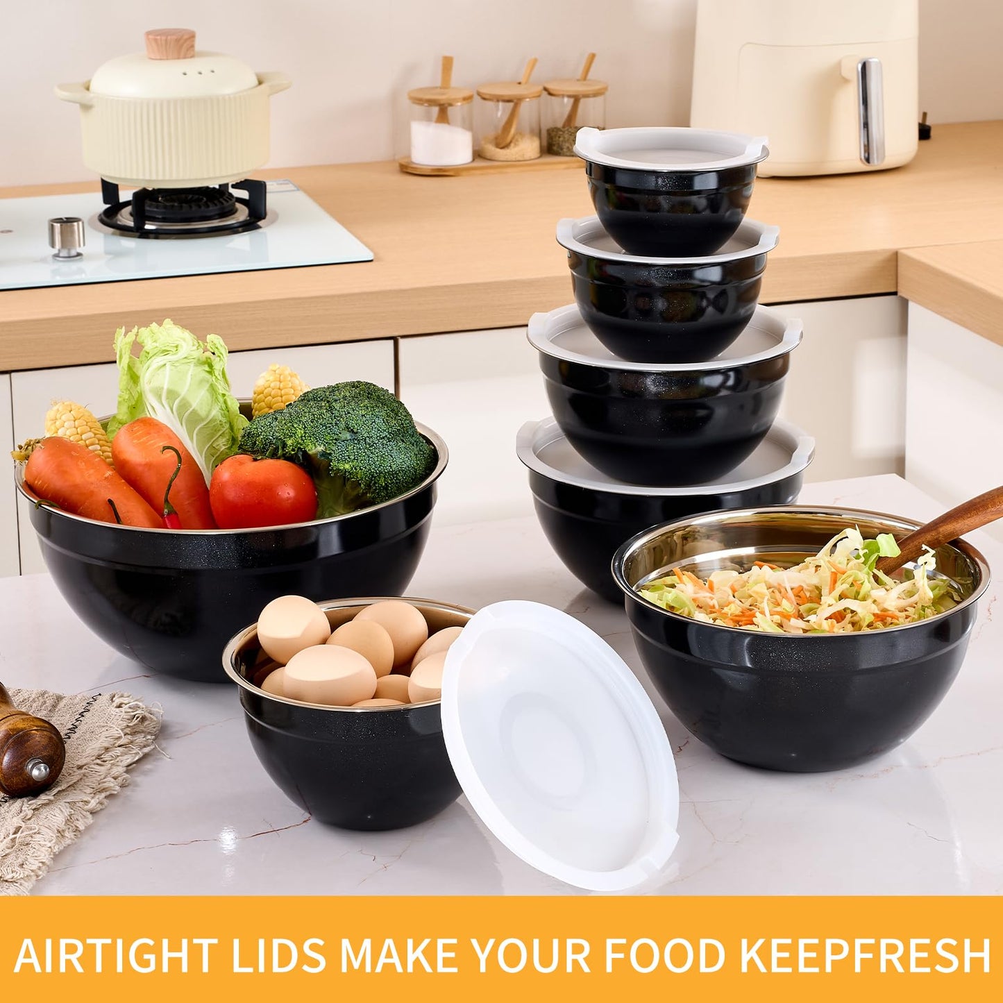 Moxinox Black Mixing Bowls with Airtight Lids, Stainless Steel Nesting Mixing Bowls Set of 7, Ideal for Baking, Prepping and Serving Food, Size 7, 3.6, 2.7, 2.1, 1.5, 1.1,0.8 QT, Stackable Design
