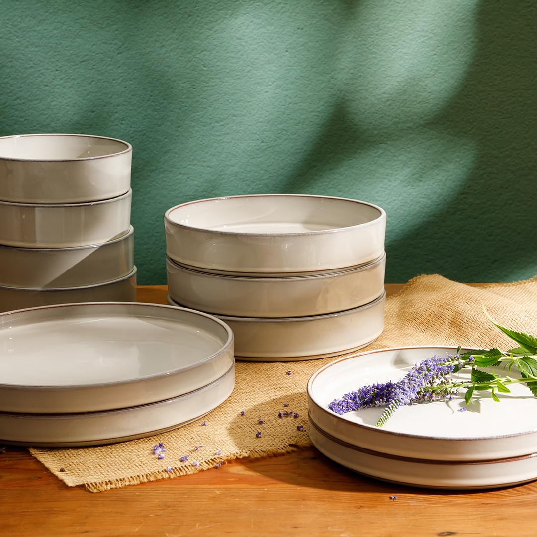 Bloomhouse - Oprah's Favorite Things - Santorini Mist Double Bowl Terracotta Reactive Glaze Plates and Bowls Dinnerware Set - Moonstone White, Service for Four (16pcs)