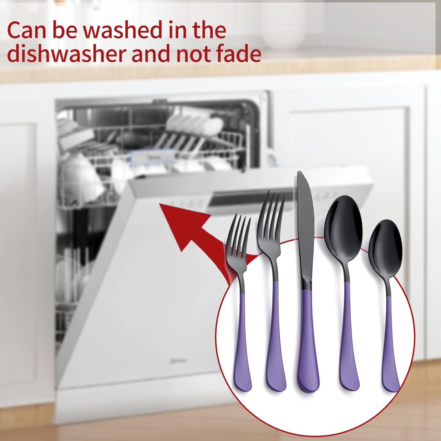 Black and Purple 20-Piece Silverware Set 18/0 Stainless Steel Flatware Purple Handle Cutlery Set Service for 4 Dinner Knives Forks Spoons Set Mirror Finish Dishwasher Safe