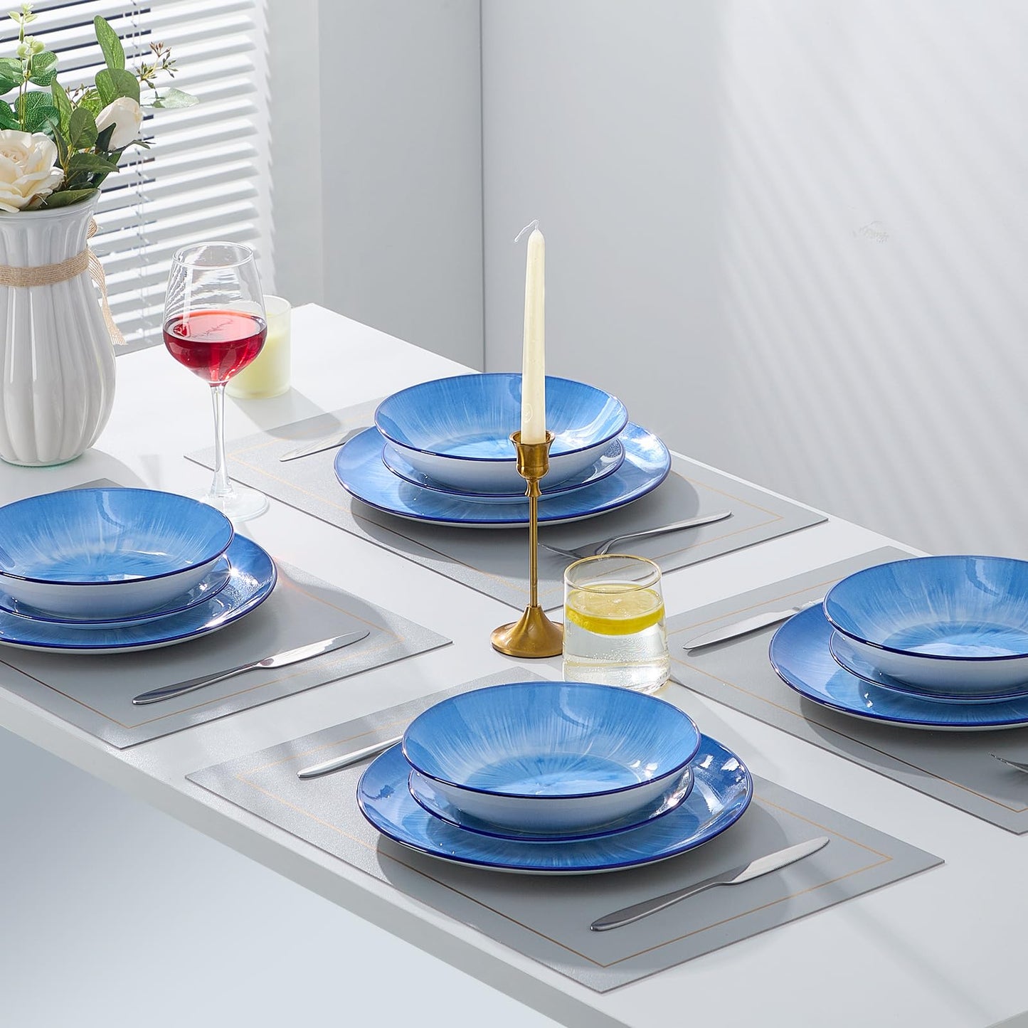 Bestone 12 Piece Round Kitchen Dinnerware Set,Plates and Bowls sets,Dishes, Plates, Bowls, Dish Set,Plates and Bowls,Service for 4, Chip Resistant Porcelain,Starburst Blue