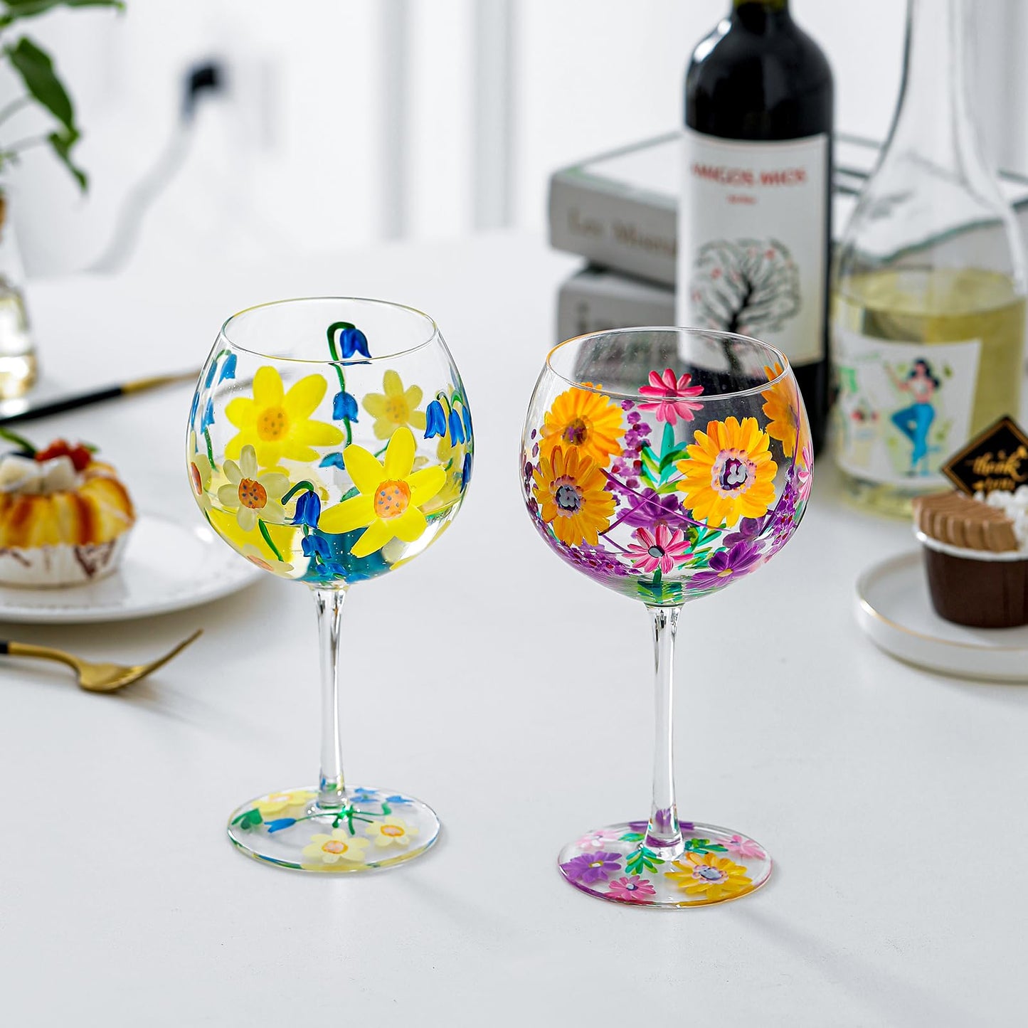 Hand-Painted Wine Glasses, Colorful Watercolor Flowers Artisan Painted, 20 Oz. Mixed Set of 4 Personalized Artisan Painted Different Flowers