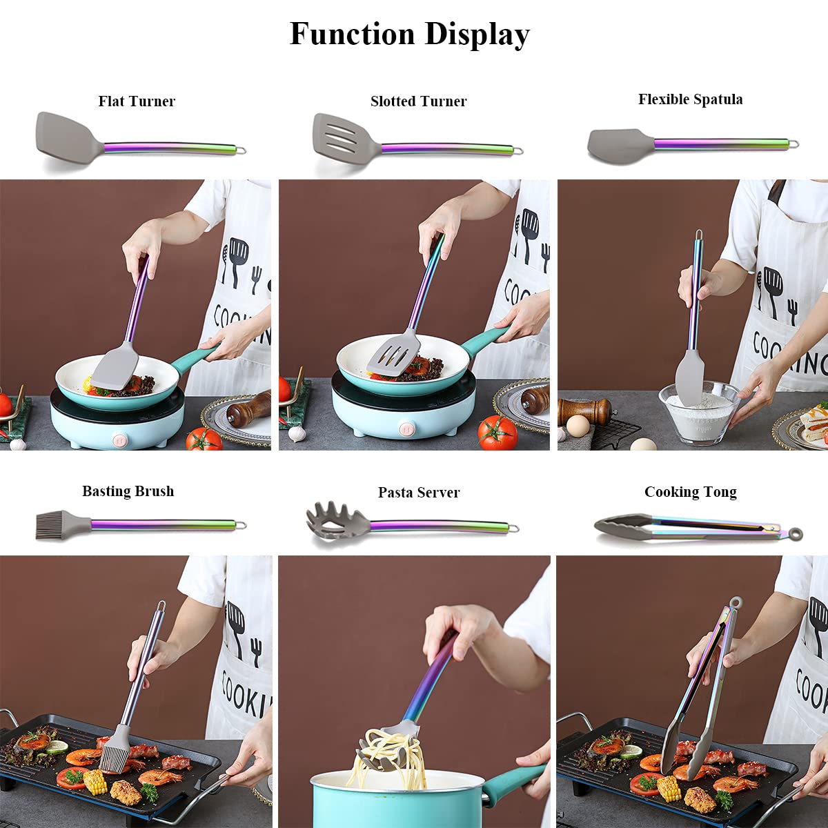 Rainbow 38-Piece Silicone Kitchen Cooking Utensils Set with Utensil Crocks, Silicone Head and Stainless Steel Handle Cookware, Kitchen Tools for Utensil Set, Non-Stick Kitchen Gadgets, Dishwasher Safe (Rainbow)