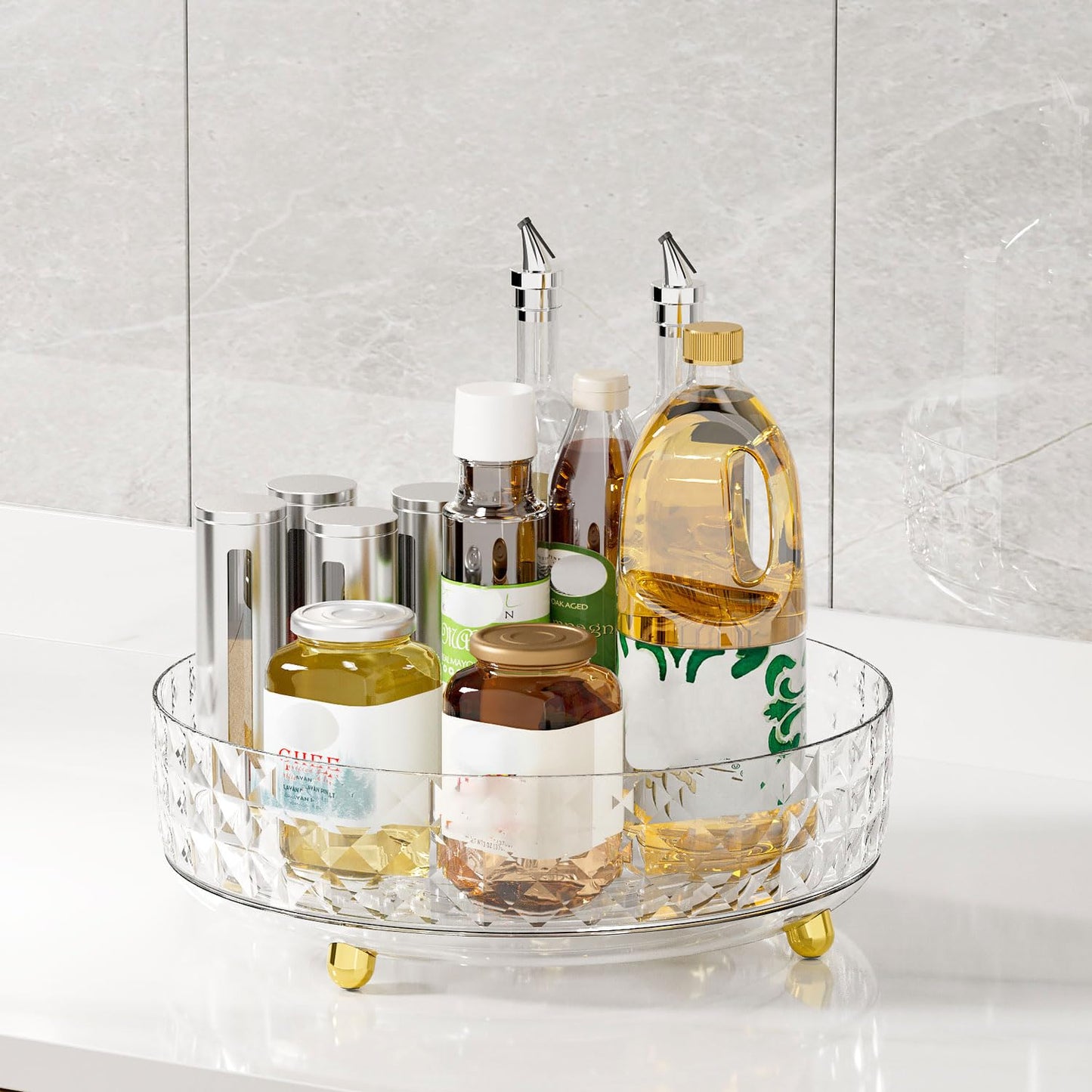 Non Skid Lazy Susan Turntable, 1-Tier Non Skid Spice Rack Turntable, 9 Inch Spinning Organizer, 360-Degree Rotating Seasoning Organizer for Kitchen, Pantry Cabinet Refrigerator, Clear