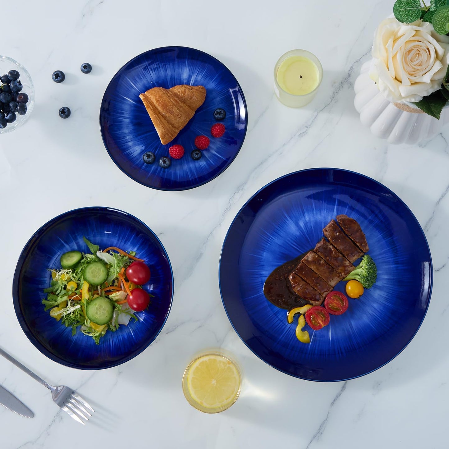 Bestone 12 Piece Round Kitchen Dinnerware Sets,Plates and Bowls sets,Dishes, Plates, Bowls, Dish Set,Plates and Bowls,Service for 4, Chip Resistant Porcelain (Dark Blue)