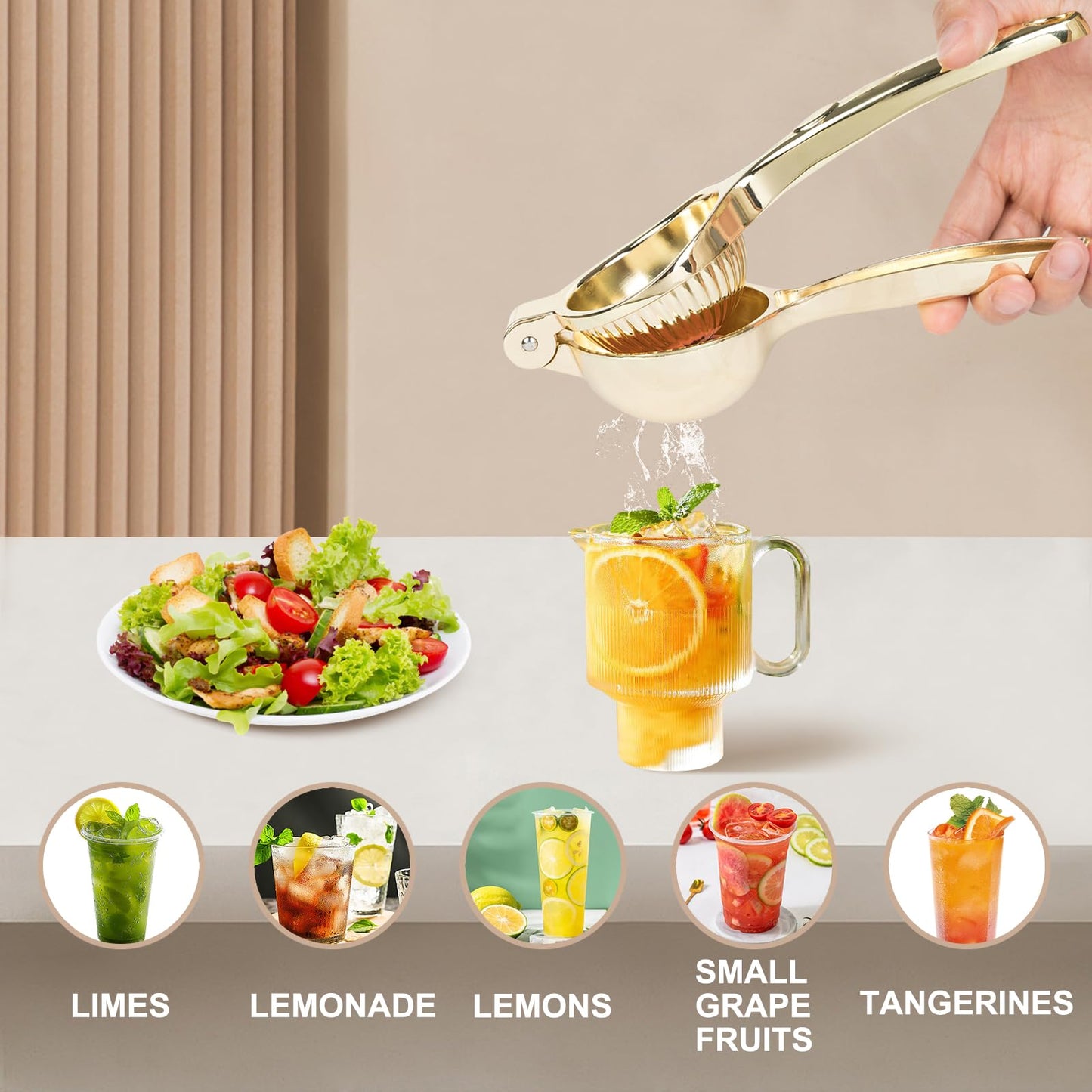 Agirlvct Lemon Squeezer, Heavy Duty Zinc Manual Lemon Juicer, Threaded Groove Fresh Small Oranges Limes Juicer Hand Press Manual Press for Home Restaurant Kitchen Accessories Utensils(Gold)