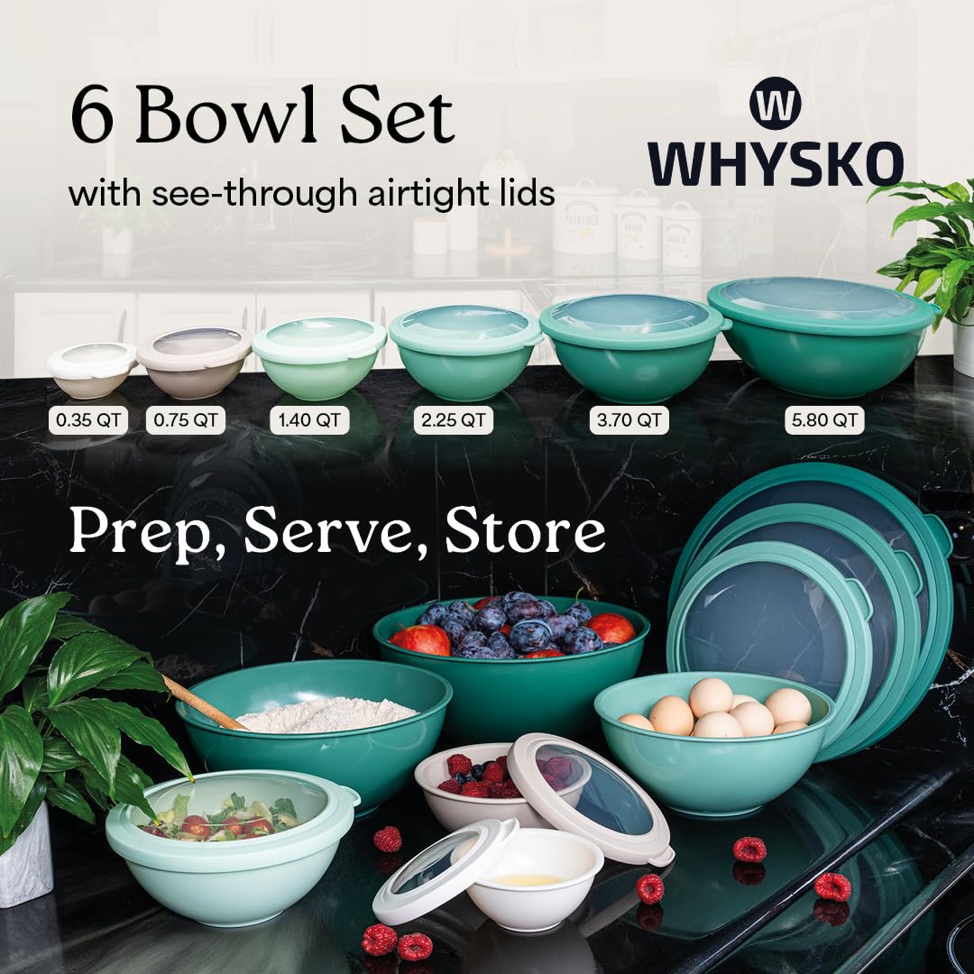 WHYSKO Mixing Bowl Set, 12 Piece Colorful Plastic Mixing Bowls with Lids Set for Food Prep Storage and Serving, Dishwasher Safe Microwave Safe for Kitchen Baking Cooking
