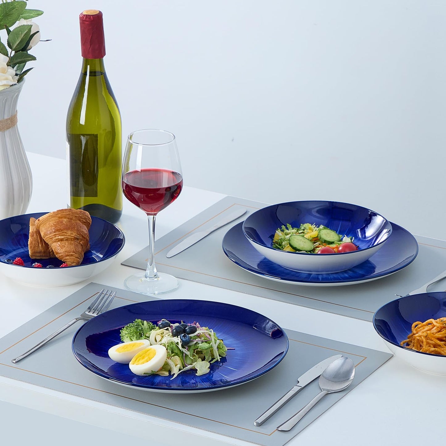 Bestone 12 Piece Round Kitchen Dinnerware Sets,Plates and Bowls sets,Dishes, Plates, Bowls, Dish Set,Plates and Bowls,Service for 4, Chip Resistant Porcelain (Dark Blue)