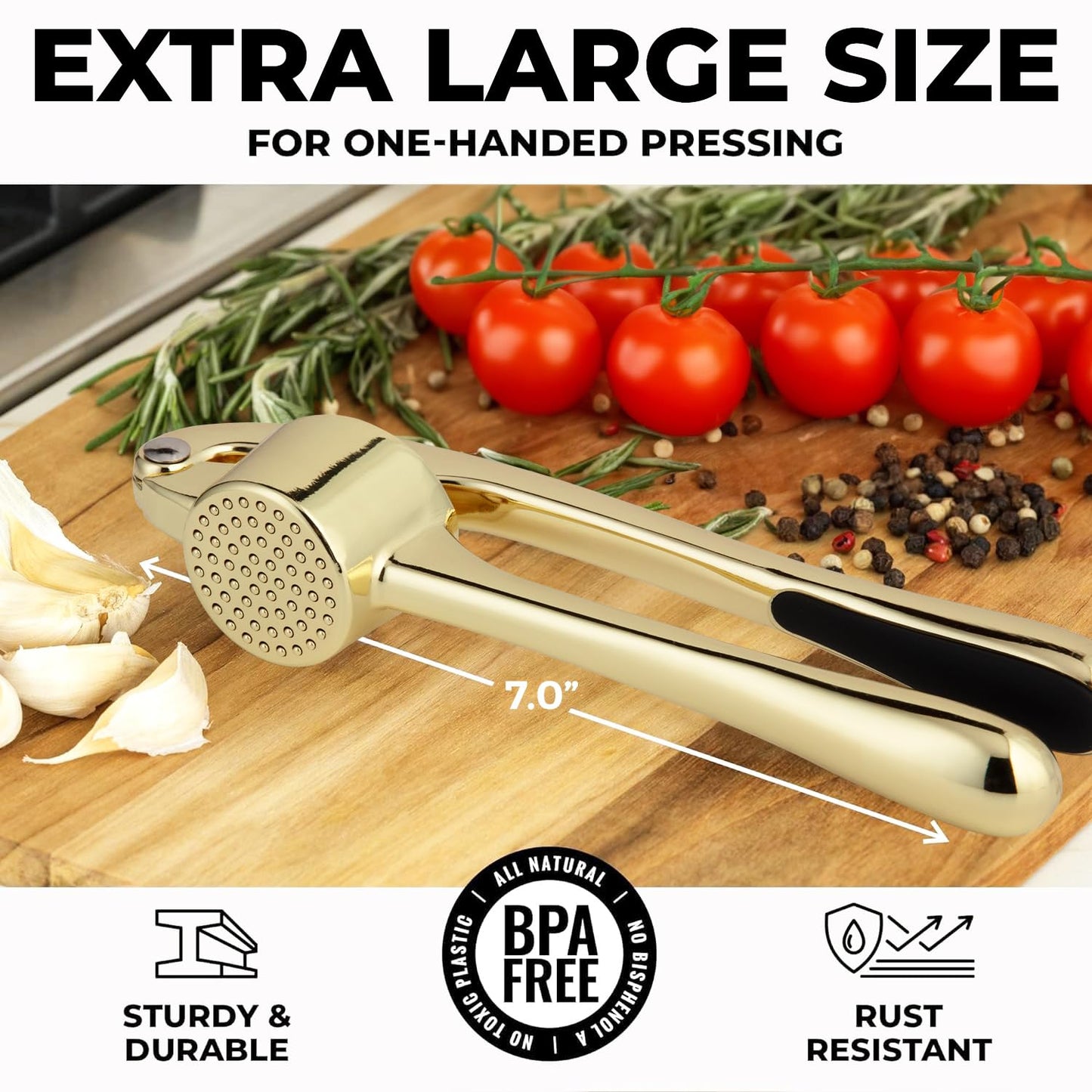 Zulay Kitchen Large Premium Garlic Press Set - Bigger Bowl for Bigger Garlic - Rust Proof and Dishwasher Safe Garlic Mincer Tool - Easy-Squeeze, Easy-Clean Silicone Garlic Peeler and Brush (Gold)