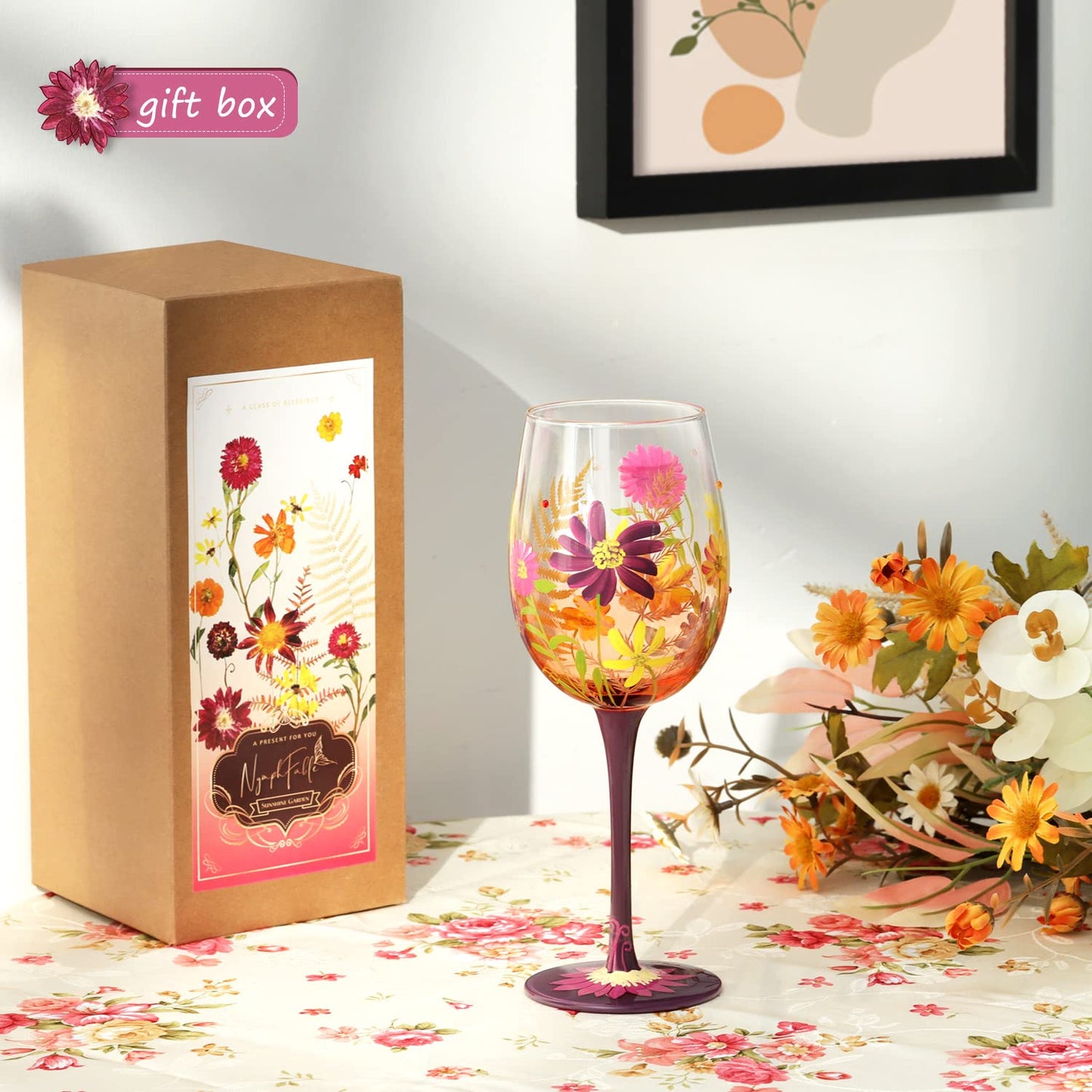 NymphFable Forever Flower Wine Glass 15oz Hand Painted Wine Glasses, Colorful Wine Glasses Birthday Wedding Gifts for Women