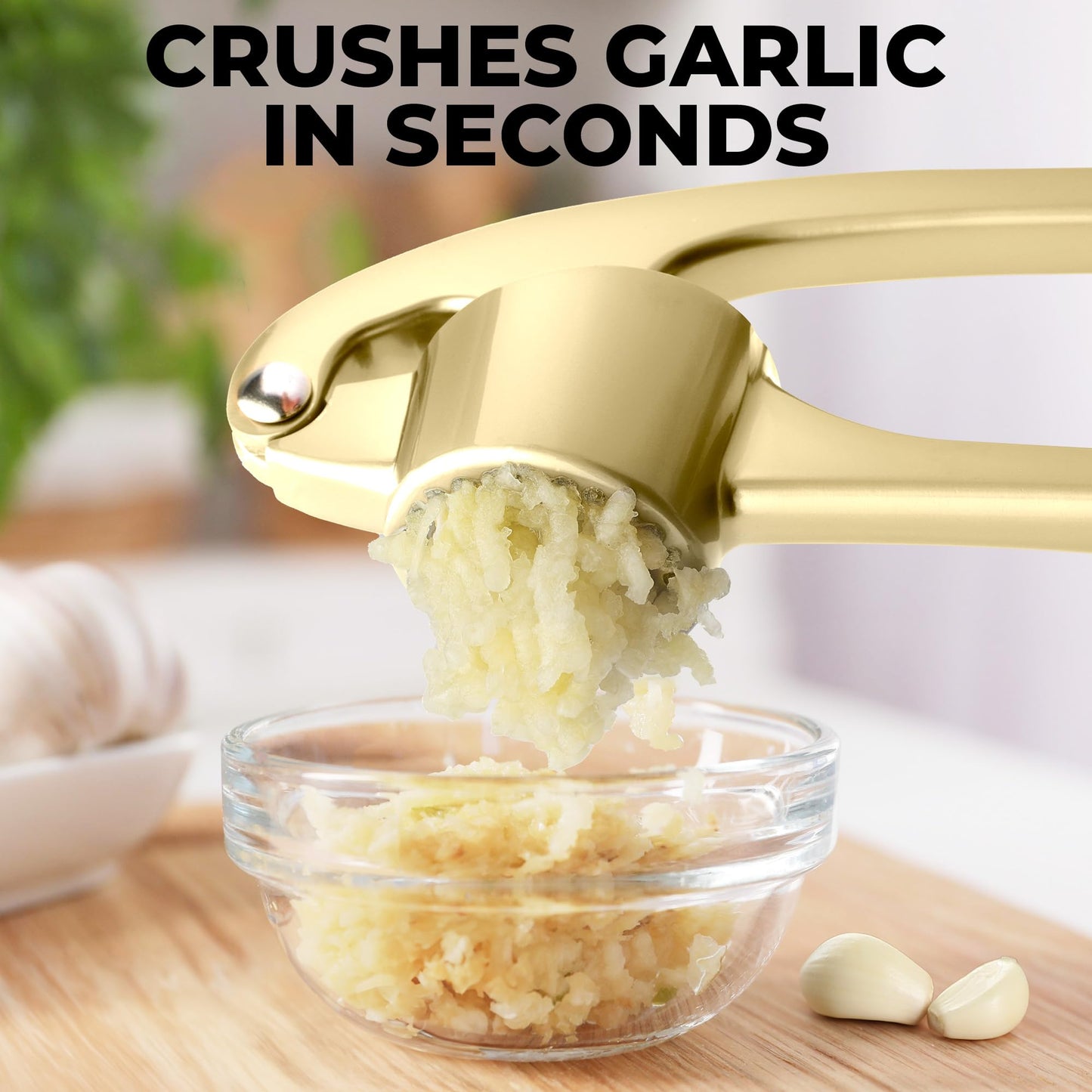 Zulay Kitchen Large Premium Garlic Press Set - Bigger Bowl for Bigger Garlic - Rust Proof and Dishwasher Safe Garlic Mincer Tool - Easy-Squeeze, Easy-Clean Silicone Garlic Peeler and Brush (Gold)