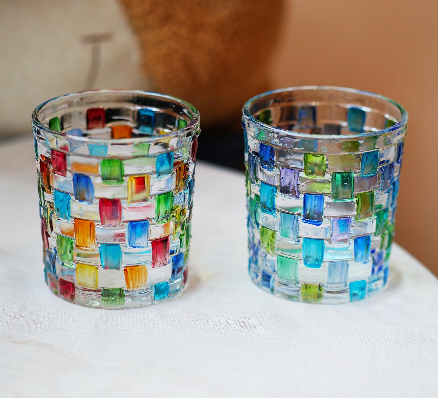 TUCHACA Colored Water Glasses. Colorful Drinking Glass Cups Set of 2 (2 colors). Whiskey Tumblers 10 oz. Renaissance Hand Painted Stained Glasses. The Gift for Cups Enthusiasts.