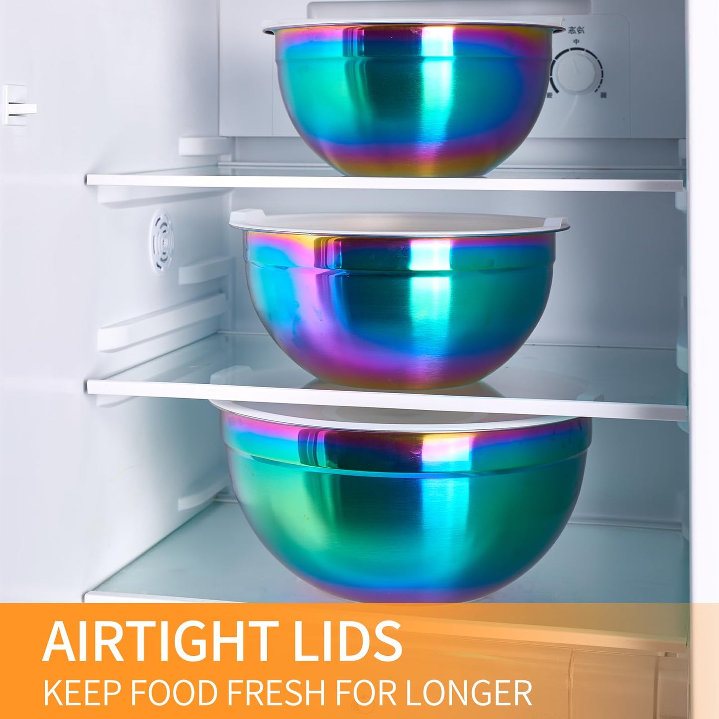 Moxinox Colorful Mixing Bowls with Airtight Lids, Stainless Steel Nesting Mixing Bowls Set of 7, Ideal for Baking, Prepping and Serving Food, Size 7, 3.6, 2.7, 2.1, 1.5, 1.1,0.8 QT, Stackable Design