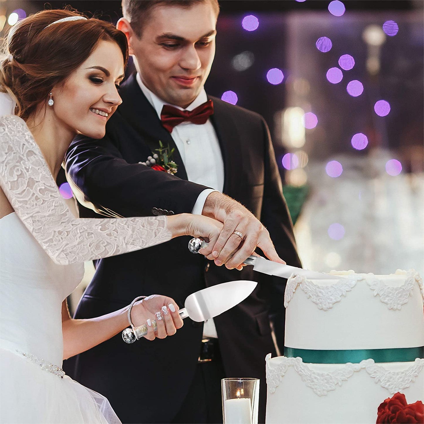 Homi Styles Wedding Cake knife and Server Set | Elegant Color Premium 420 Stainless Steel plated Blades | Cake & Pie Serving Set for Wedding Cake, Birthdays, Anniversaries, Parties (Pearl Filled)