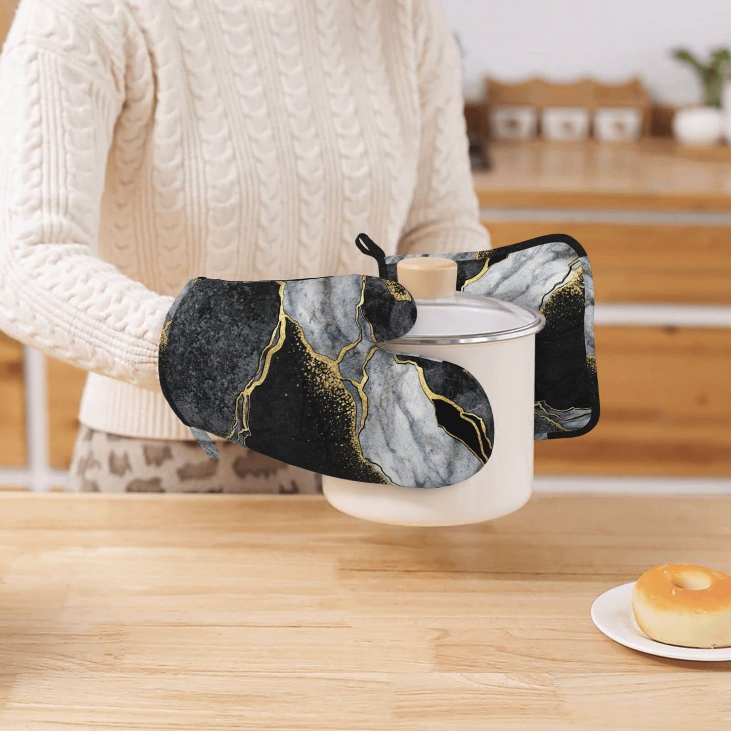 Oven Mitts and Pot Holders Marble Black Gray Gold Silicone Kitchen Accessories Set of 4, Heat-Resistant Long Gloves Potholder Non-Slip Grip for Chef, Cooking, Baking, Grilling, BBQ