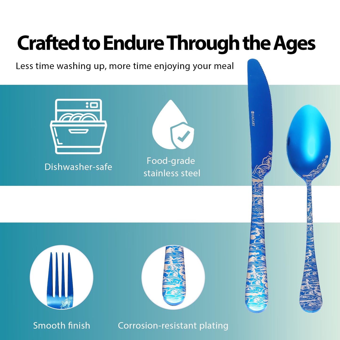 Blue Wave Cutlery Set - 20 Pieces of Stainless Steel Flatware Set Service for 4 Utensils For Home Kitchen Wedding Laser Engraved Dishwasher Safe All Blue