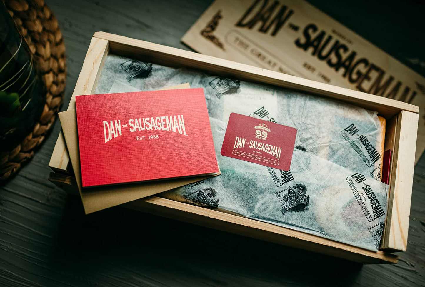 Dan the Sausageman's Favorite Gourmet Gift Basket Featuring Naturally Smoked Summer Sausages, Savory SeaBear Salmon, Wisconsin Cheese, Sweet Hot Mustard, and Keepsake Wood Pine Crate. Gift Messaging Available