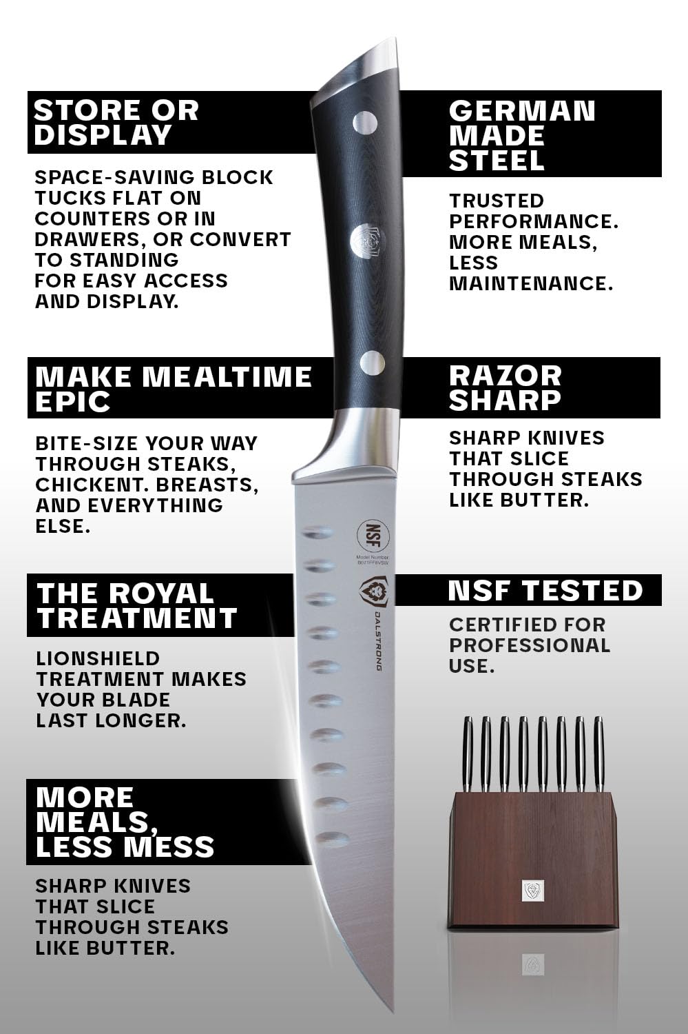 Dalstrong Steak Knife Set - 8 Piece - 5-Inch Straight Edge Blade - Gladiator Series Elite - Forged High-Carbon German Steel Dinner Kitchen Knife - Black G10 Handle - Folding Block Set - NSF Certified
