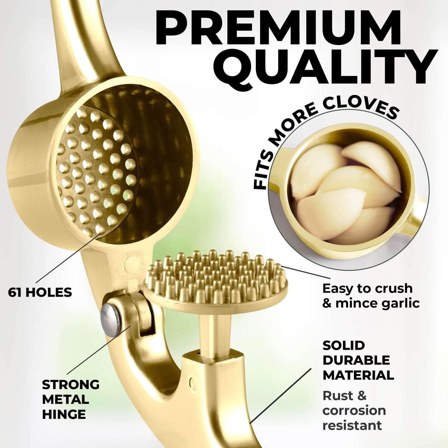 Zulay Kitchen Large Premium Garlic Press Set - Bigger Bowl for Bigger Garlic - Rust Proof and Dishwasher Safe Garlic Mincer Tool - Easy-Squeeze, Easy-Clean Silicone Garlic Peeler and Brush (Gold)