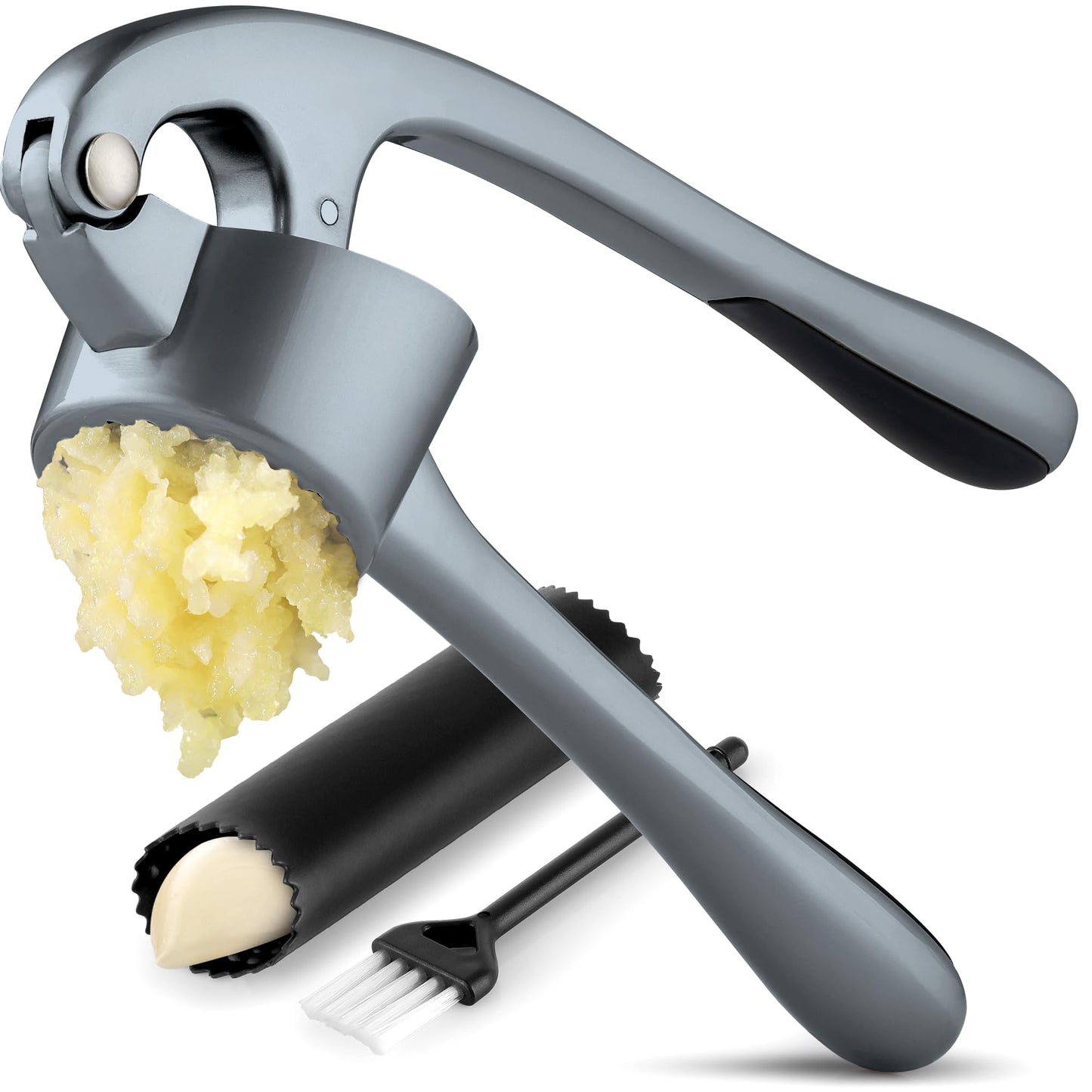 Zulay Kitchen Large Premium Garlic Press Set - Bigger Bowl for Bigger Garlic - Rust Proof & Dishwasher Safe Garlic Mincer Tool - Easy-Squeeze, Easy-Clean Silicone Garlic Peeler and Brush (Slate)