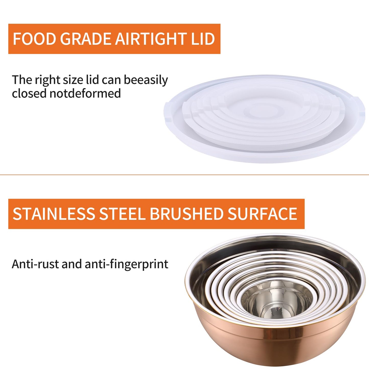 Moxinox Rose Gold Mixing Bowls with Airtight Lids, Stainless Steel Nesting Mixing Bowls Set of 7, Ideal for Baking, Prepping and Serving Food, Size 7, 3.6, 2.7, 2.1, 1.5, 1.1,0.8 QT, Stackable Design