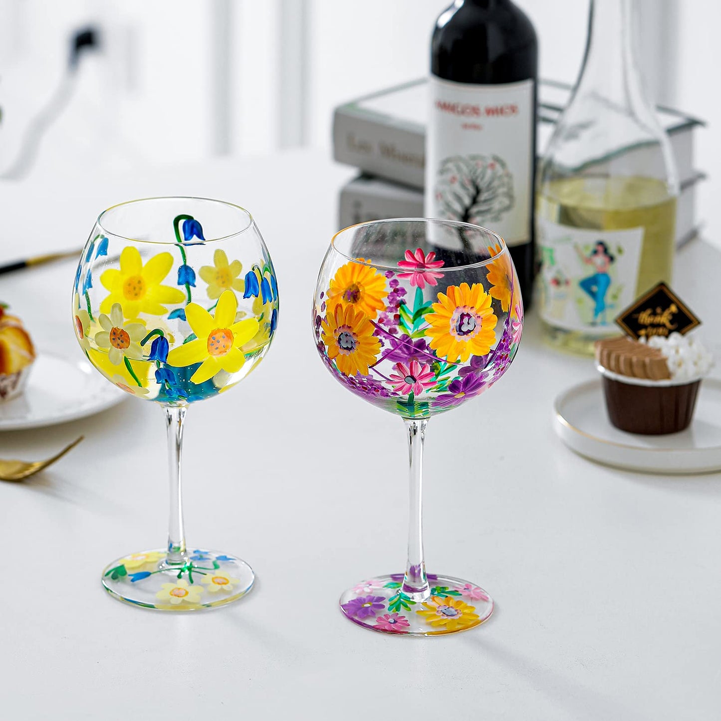 Hand-Painted Wine Glass 20 Oz. Purple Yellow Lavender Flowers Artisan Painted Personalised Gift Idea