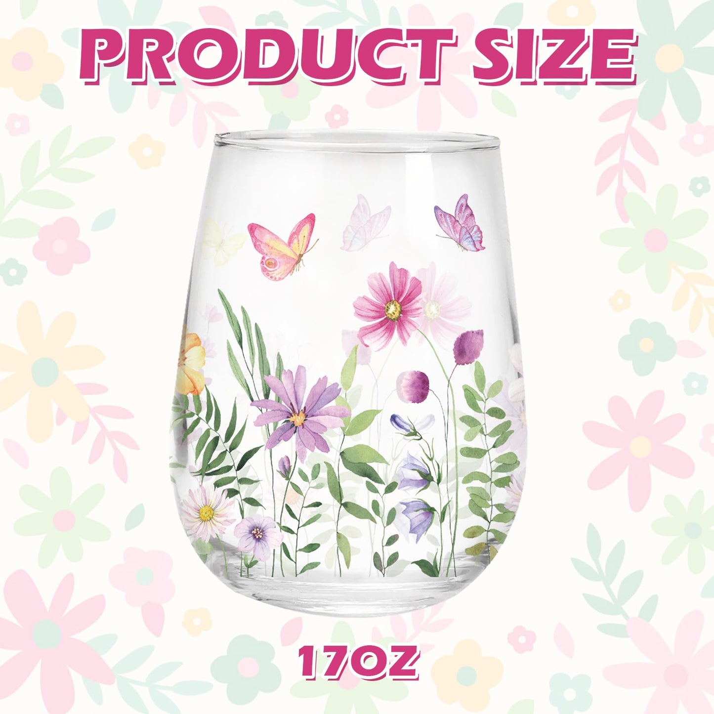 Whaline 2Pcs Spring Stemless Wine Glasses 17oz Watercolor Floral Butterfly Drinking Glasses Wild Flower Tumbler Cups for Party Supplies Gifts