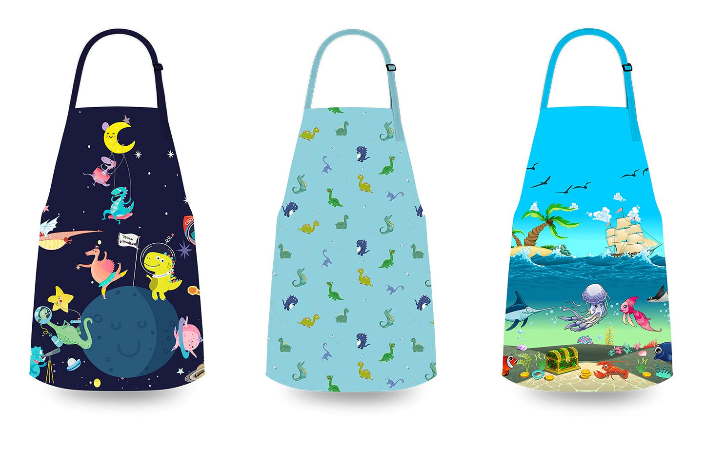 Kids Apron for Cooking or Crafts with Adjustable Neck Strap - Beach, Space or Dinosaur Theme