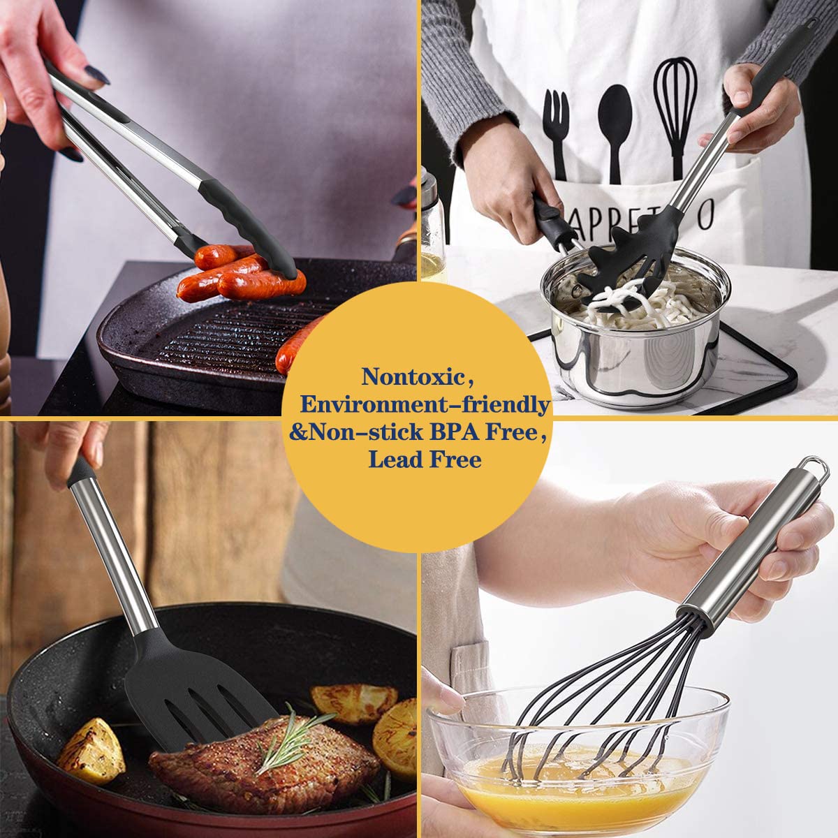 Black 24-Piece Silicone Cooking Utensil Set, Fungun Non-stick Kitchen Utensil 24 Pcs Cooking Utensils Set, Heat Resistant Cookware, Silicone Kitchen Tools Gift with Stainless Steel Handle (Black-24pcs)