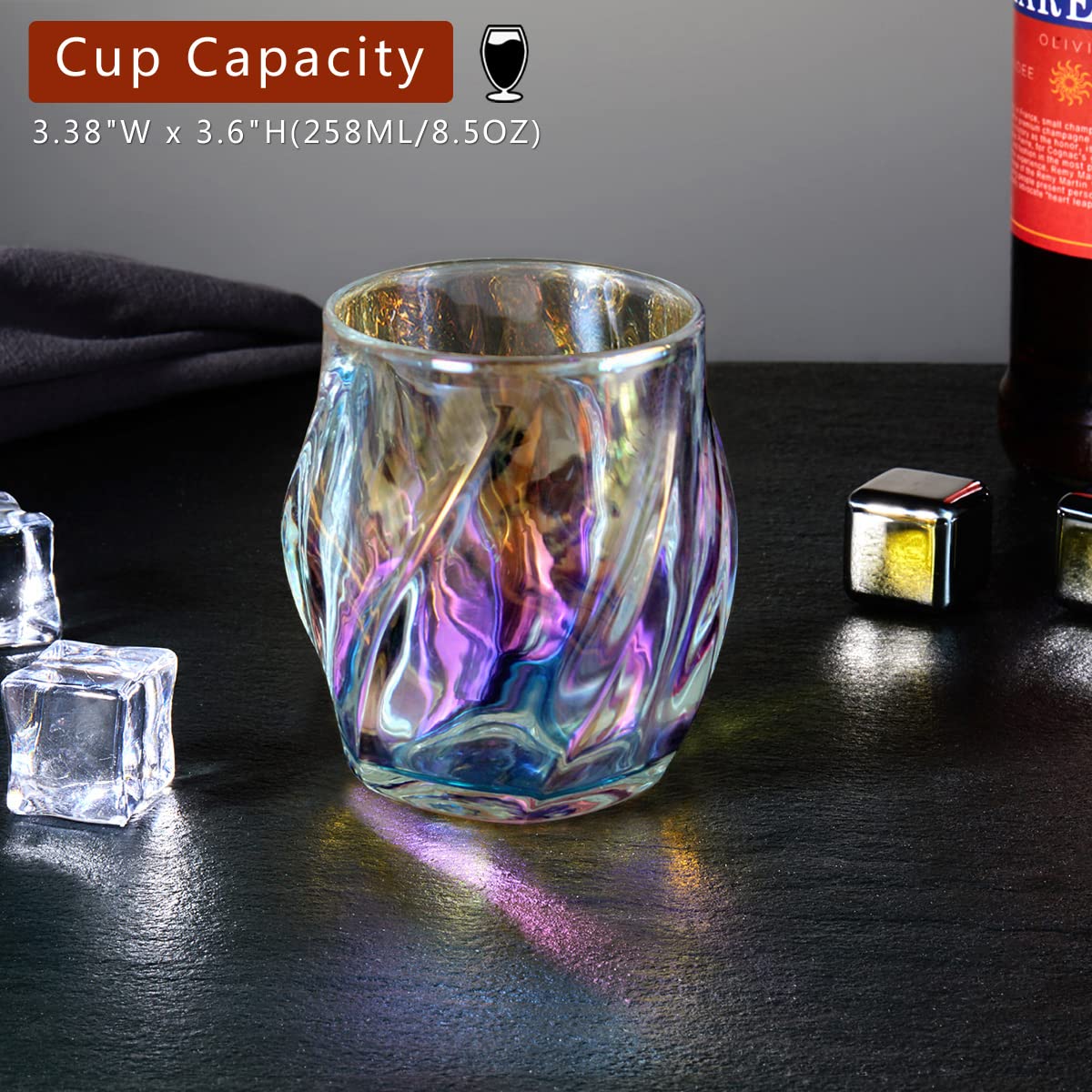 ANBFF Whiskey Glasses Set of 2, Colorful Rock Glass, 8.5 OZ Drinking Glasses, Creative Twisted Crystal Old Fashioned Tumbler for Bourbon, Scotch, Cocktail, Tequila, Wine, Rum