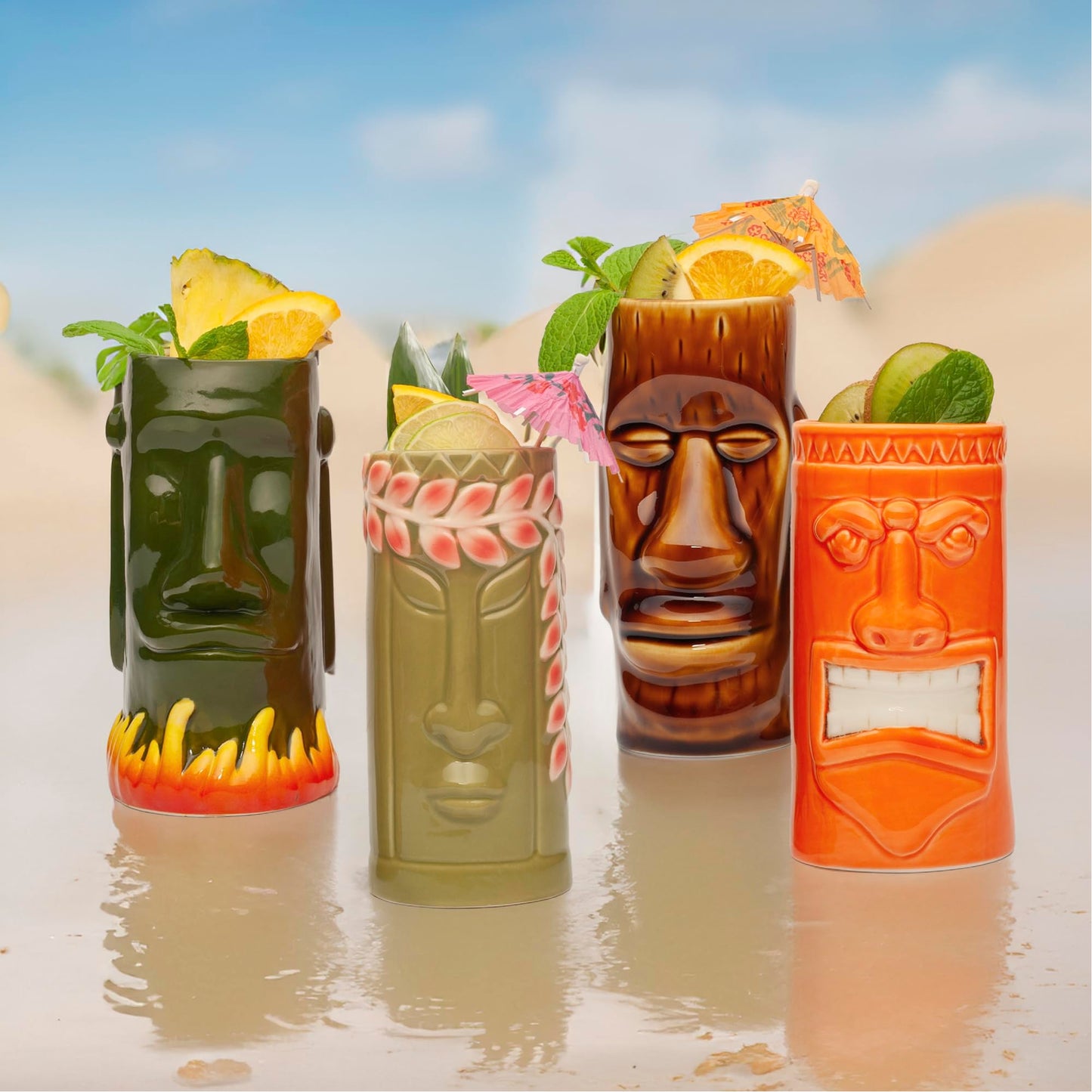 LEMONSODA Hard-Carved and Hand-Painted Tiki Mugs - Set of 8 - Ceramic Hawaiian Luau Party Mugs Drinkware, Cute Exotic Cocktail Glasses, Tiki Bar Hawaiian Party Barware - 18-23.5oz
