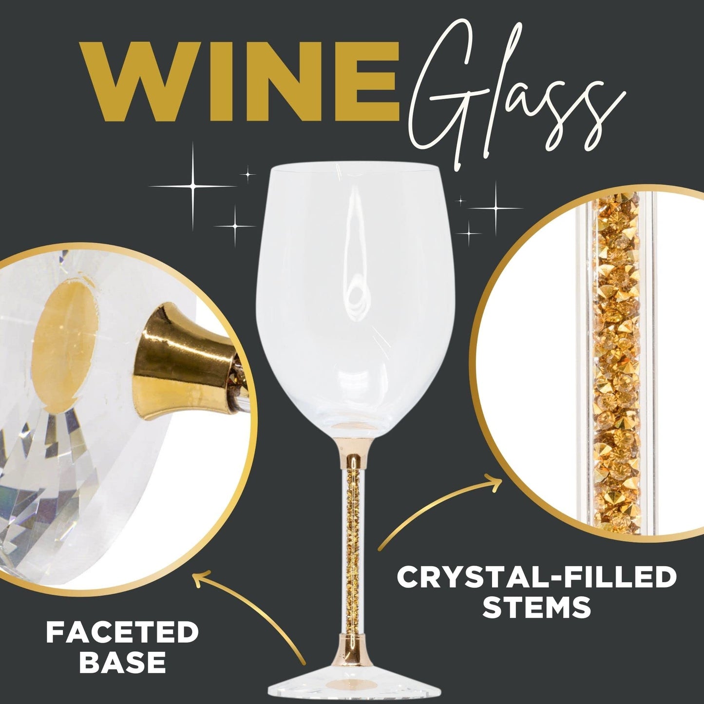 Sparkles Home Vetrina Stem Wine Glass, Crystal Glassware, Faceted Base, Red, White, Rosé, For Celebration, Dining Tabling Setting, Events, Weddings, Gold, Set of 2 in Gift Box