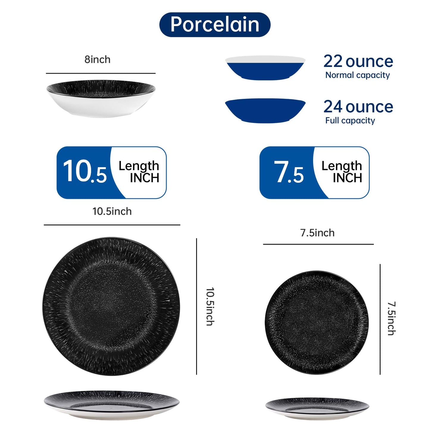 Bestone Plates and Bowls Sets,12 Pieces Round Porcelain Dinnerware Sets,Dishes, Plates, Dishware Sets,Chip Resistant Ceramic Dish Set Dining Dinner Ware Service for 4,Starry Sky Black