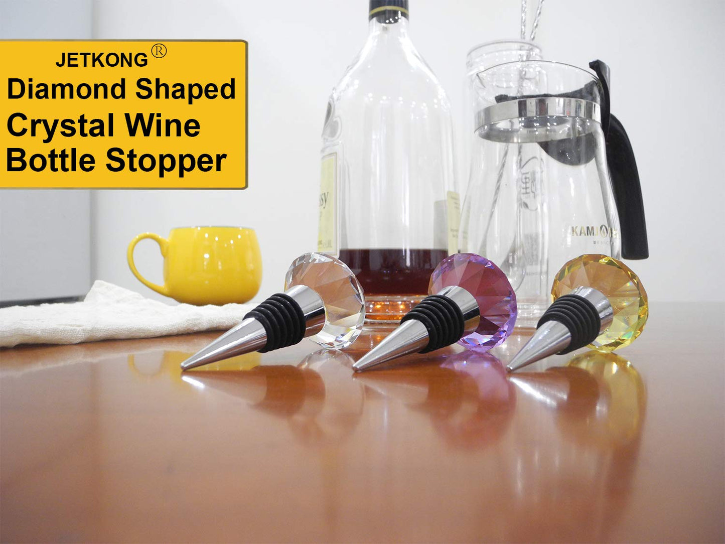 JETKONG 3 Pcs Crystal Wine Stoppers Reusable Wine and Beverage Bottle Stopper Diamond Shaped Wine Stopper (Yellow White Purple)