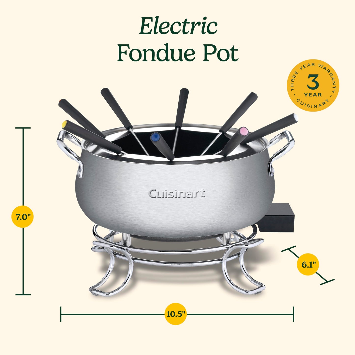 Stainless Steel Cuisinart Fondue Pot for Chocolate, Cheese or Meat in Broth or Oil, CFO-3SSP1