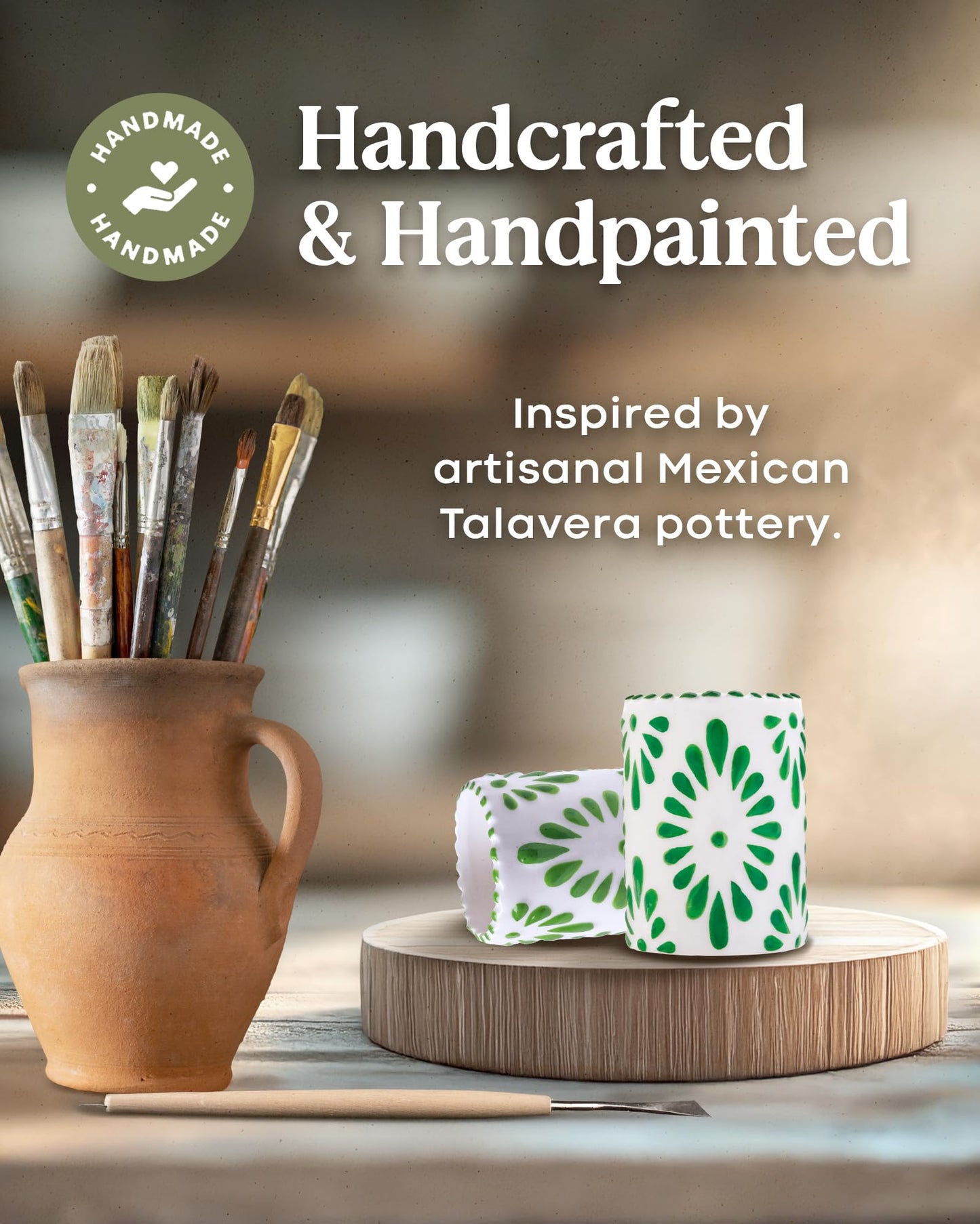 MEZCASA Talavera Shot Glasses — 100% Handmade Ceramic Tequila Shot Glasses with Talavera Mexican Pottery Design — Perfect Tequila Gifts for Women & Men for Any Occasion (GREEN | SET OF 4)