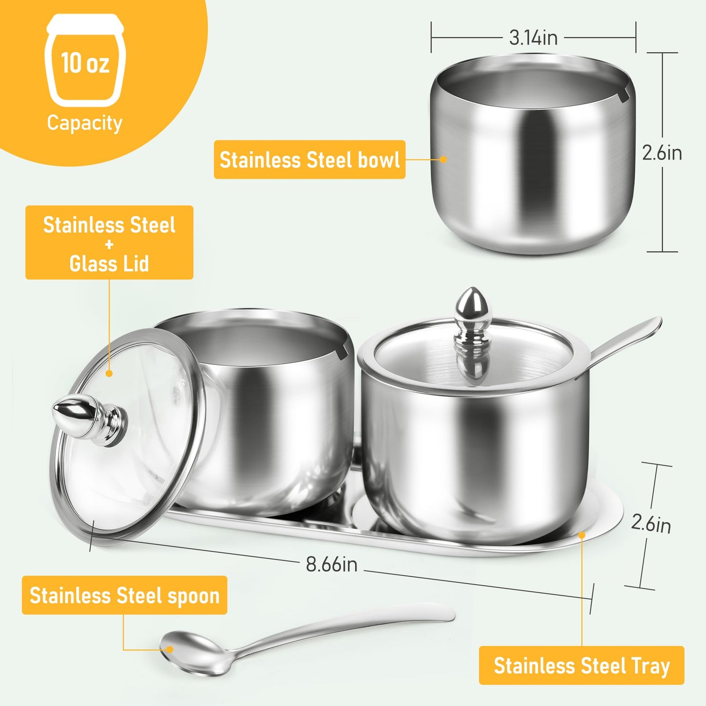 2 Pcs Stainless Steel Sugar Bowl with Tray - Sugar Container with Glass Lid and Spoon for Coffee Bar Accessories Storage for Brown Sugar,Salt,Tea,Coffee Bean,Sugar Cubes (Silver)