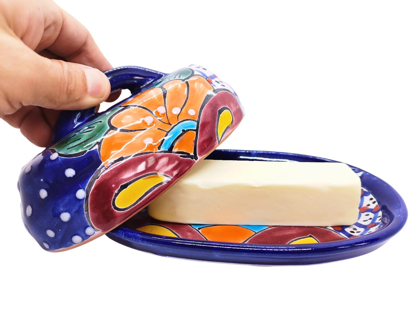 MEXTEQUIL - Butter Dish Ceramic Talavera with Lid Hand Painted Authentic Mexican Pottery Kitchen Floral Design (Blue)