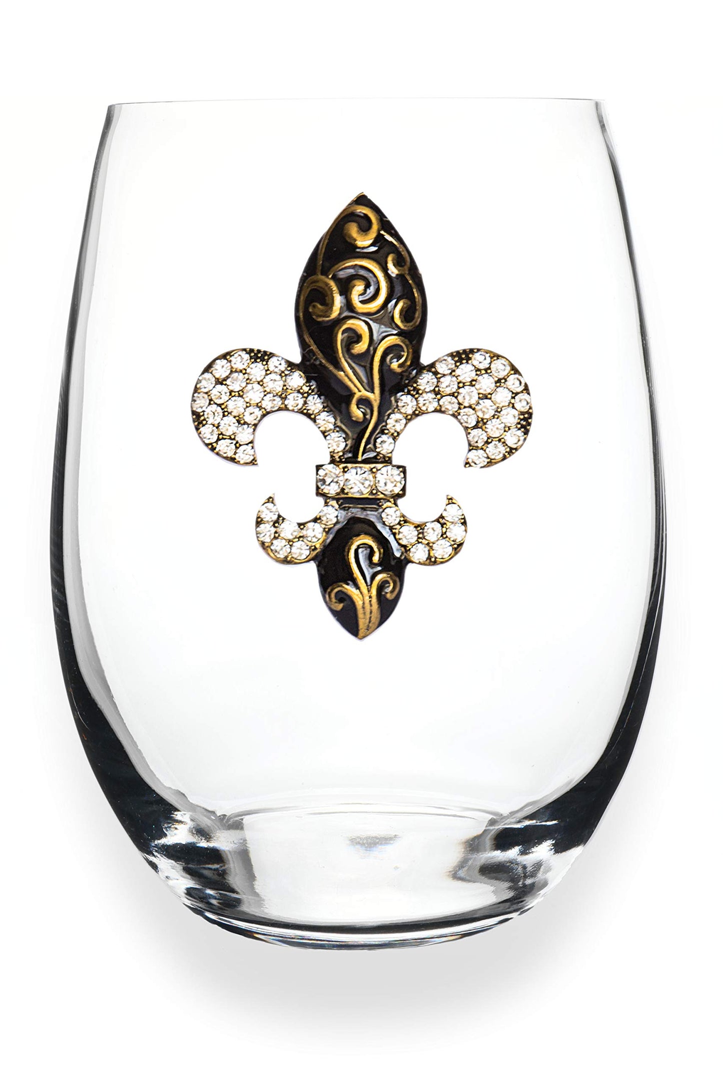 THE QUEENS' JEWELS Gold Swirl Fleur de Lis Jeweled Stemless Wine Glass, 21 oz. - Unique Gift for Women, Birthday, Cute, Fun, Not Painted, Decorated, Bling, Bedazzled, Rhinestone