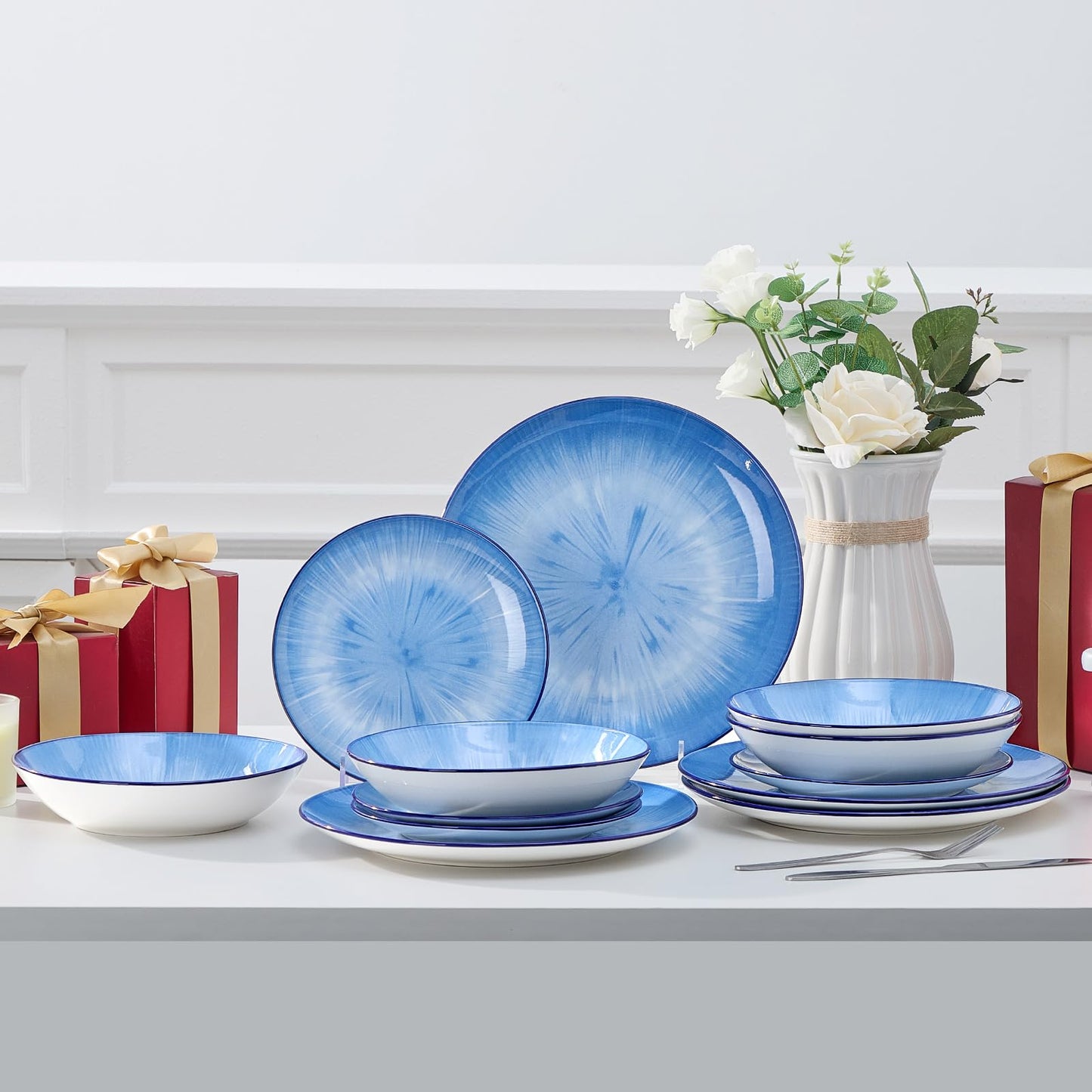 Bestone 12 Piece Round Kitchen Dinnerware Set,Plates and Bowls sets,Dishes, Plates, Bowls, Dish Set,Plates and Bowls,Service for 4, Chip Resistant Porcelain,Starburst Blue
