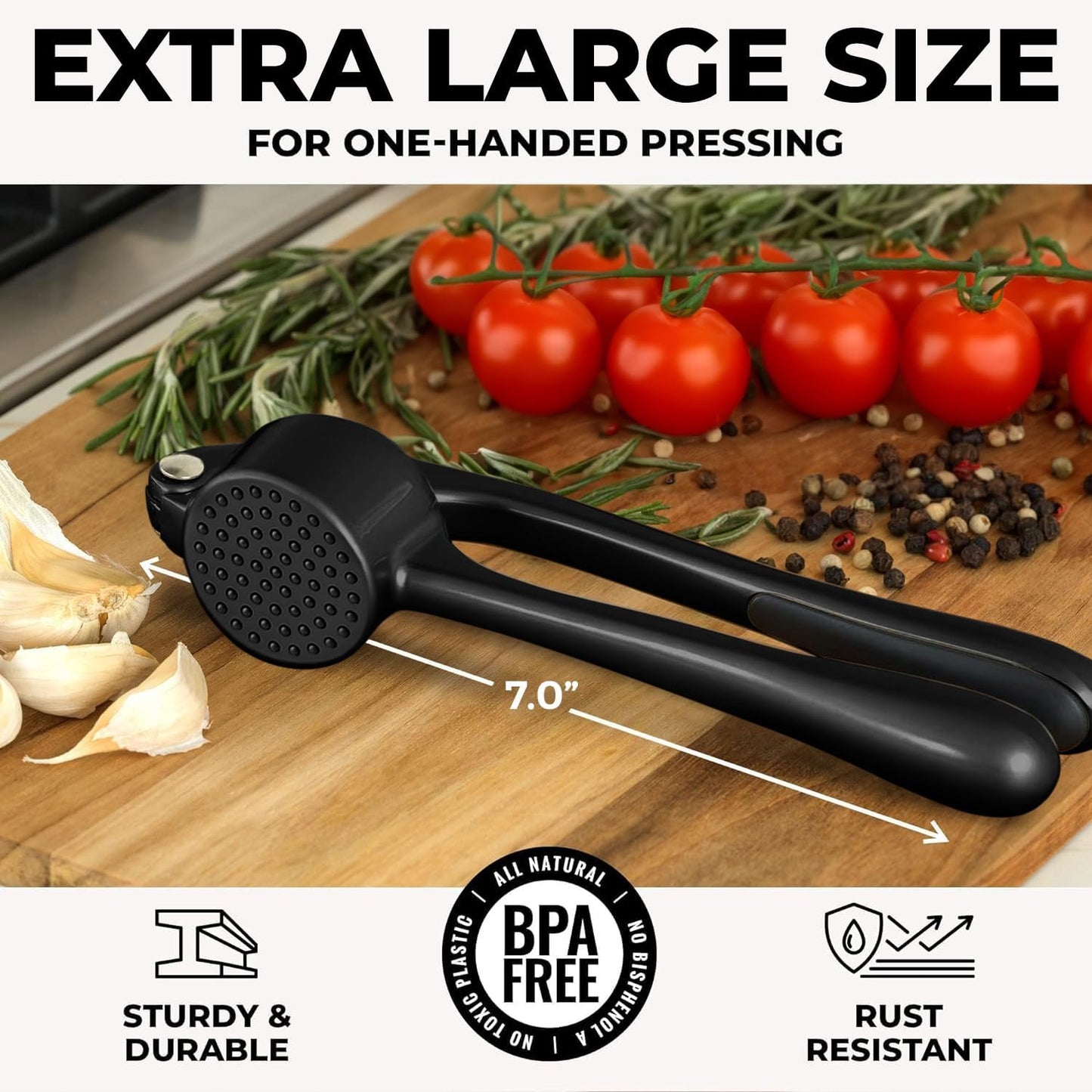 Zulay Kitchen Large Premium Garlic Press Set - Bigger Bowl for Bigger Garlic - Rust Proof and Dishwasher Safe Garlic Mincer Tool - Easy-Squeeze, Easy-Clean Silicone Garlic Peeler and Brush (Black)