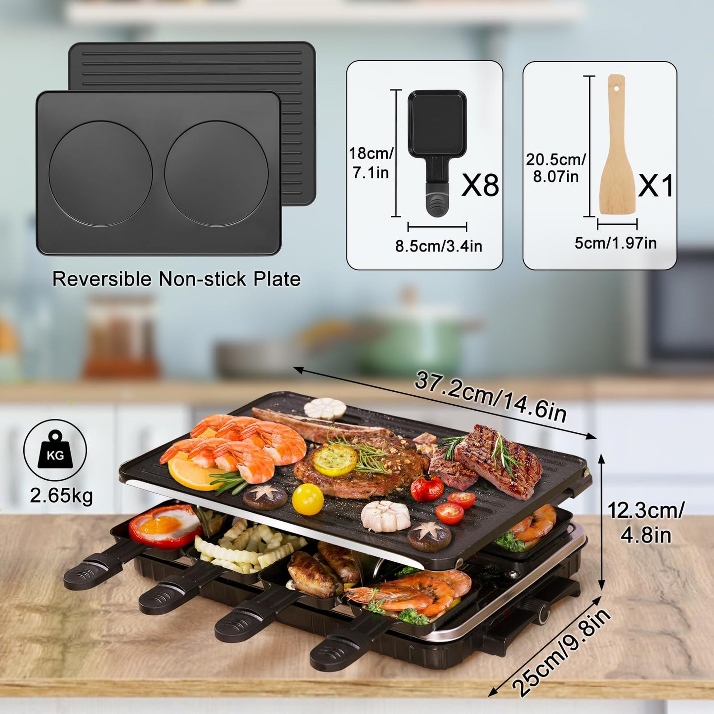Party Grill with 8 Raclette Cheese Pans - Social Dining at its Best