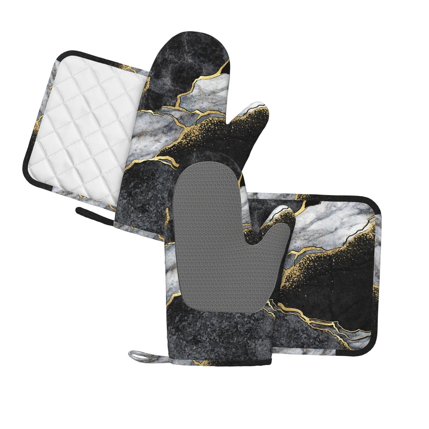 Oven Mitts and Pot Holders Marble Black Gray Gold Silicone Kitchen Accessories Set of 4, Heat-Resistant Long Gloves Potholder Non-Slip Grip for Chef, Cooking, Baking, Grilling, BBQ