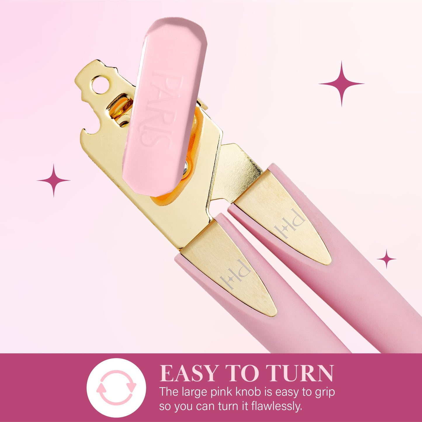 Paris Hilton Can Opener with Built-In Bottle Opener, Easy-Turn Knob & Soft-Grip Handles for Iconic Kitchen Convenience, Pink and Gold