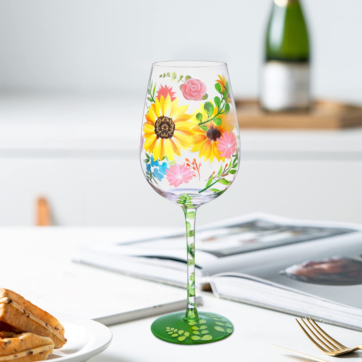 NymphFable Hand-painted Wine Glass Watercolor Flowers Artisan Painted 15oz Personalised Gift for Best Friend