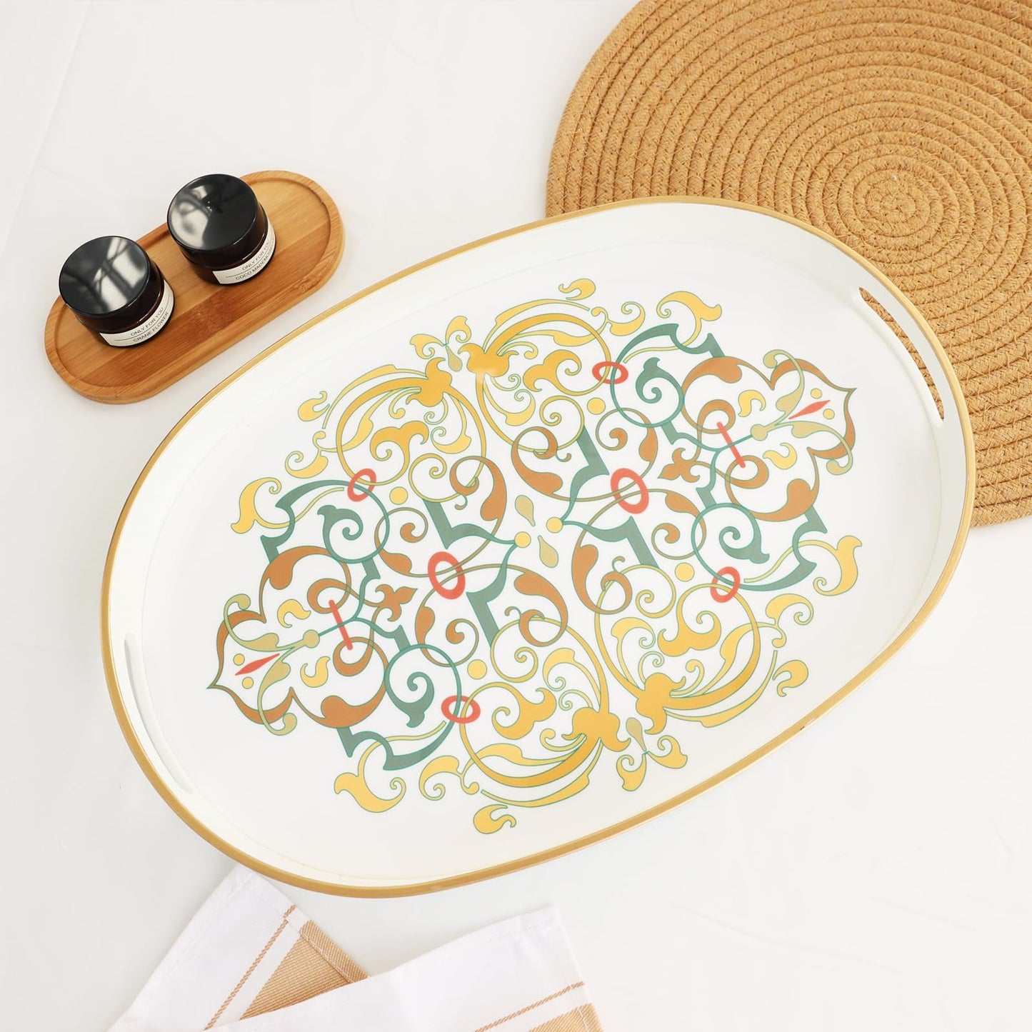 Omuriko Oval Plastic Serving Tray with Handles, Elegant Decorative Tray for Coffee Table, Ottoman, Living Room, Kitchen, and Outdoor Use