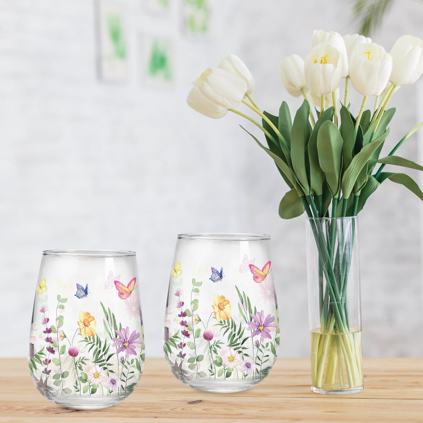 Whaline 2Pcs Spring Stemless Wine Glasses 17oz Watercolor Floral Butterfly Drinking Glasses Wild Flower Tumbler Cups for Party Supplies Gifts